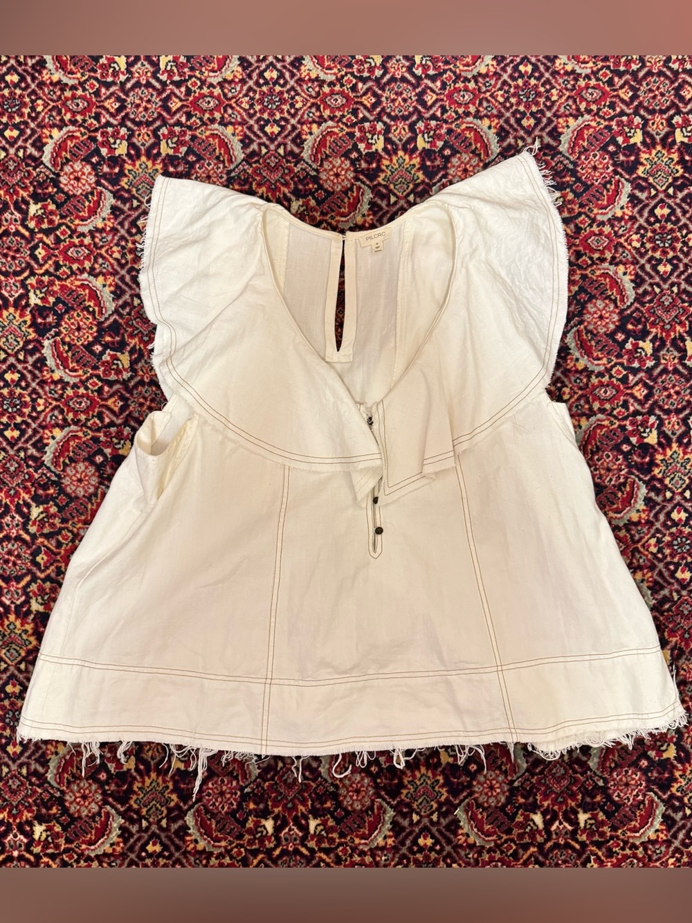 Pilcro Cream Ruffle-Trim Cotton Top